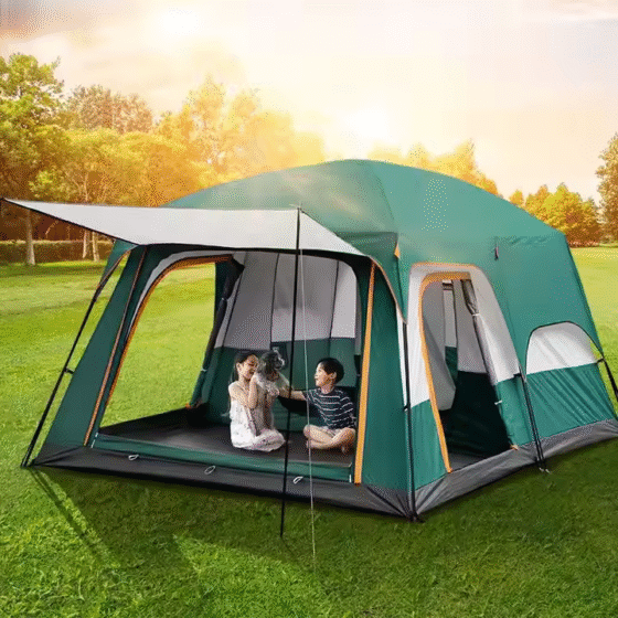 Two rooms with oversized outdoor camping tents